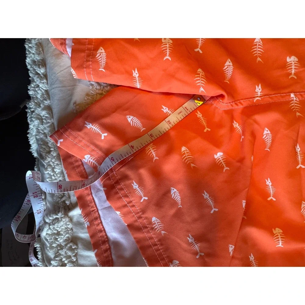 Biwisy Mens Orange Fish Bone Skeleton Print Swim Trunks Board Shorts Size 2XL